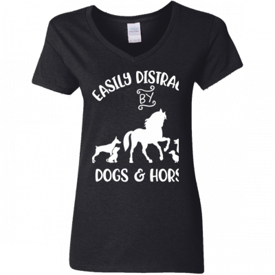 Easily Distracted By Dogs And Horses Women Kids Horse Girl Ladies’ V-Neck T-Shirt